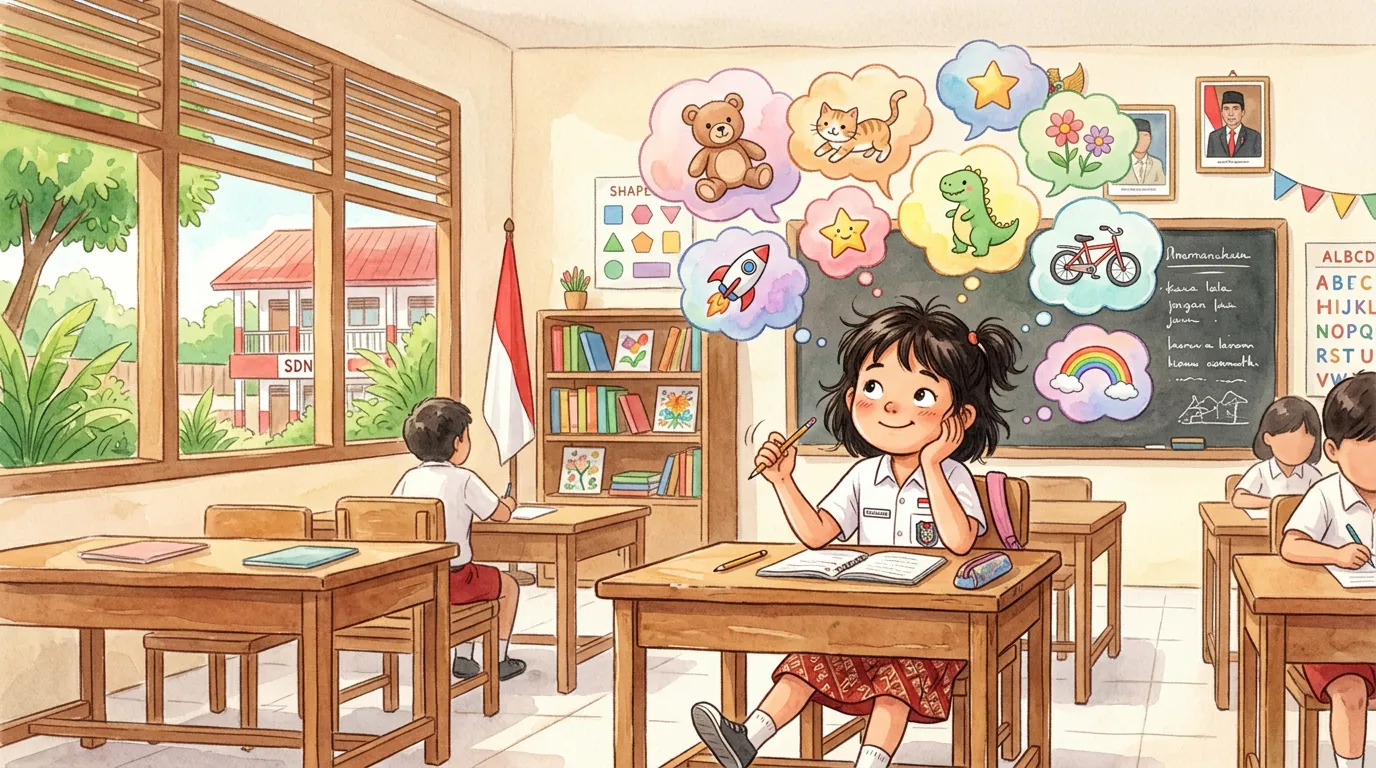 Ilustrasi anak ADHD yang sulit fokus di kelas dengan pikiran melayang ke berbagai hal