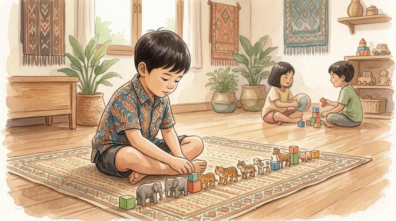 Ilustrasi anak autisme bermain sendiri menyusun mainan dalam barisan rapi