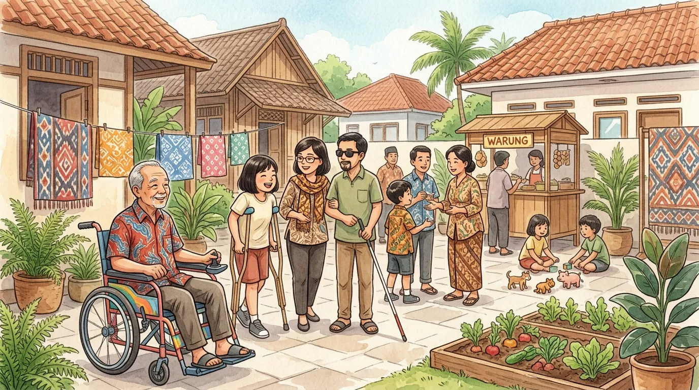 Ilustrasi komunitas inklusif dengan difabel dan non-difabel berinteraksi bersama di lingkungan Indonesia
