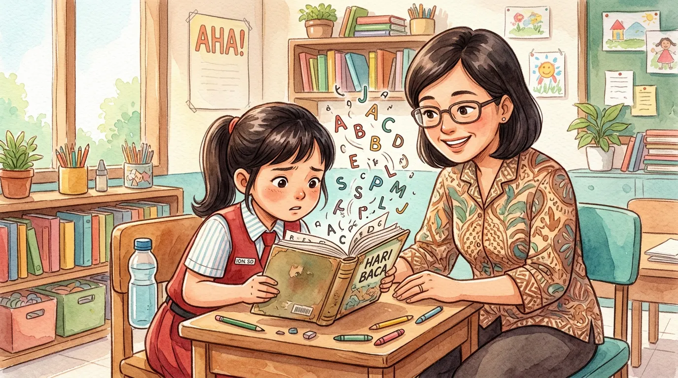 Ilustrasi anak disleksia kesulitan membaca dengan huruf-huruf yang bercampur aduk