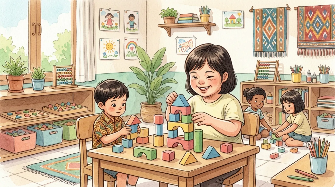 Ilustrasi anak down syndrome bermain balok bersama teman-teman di kelas inklusif