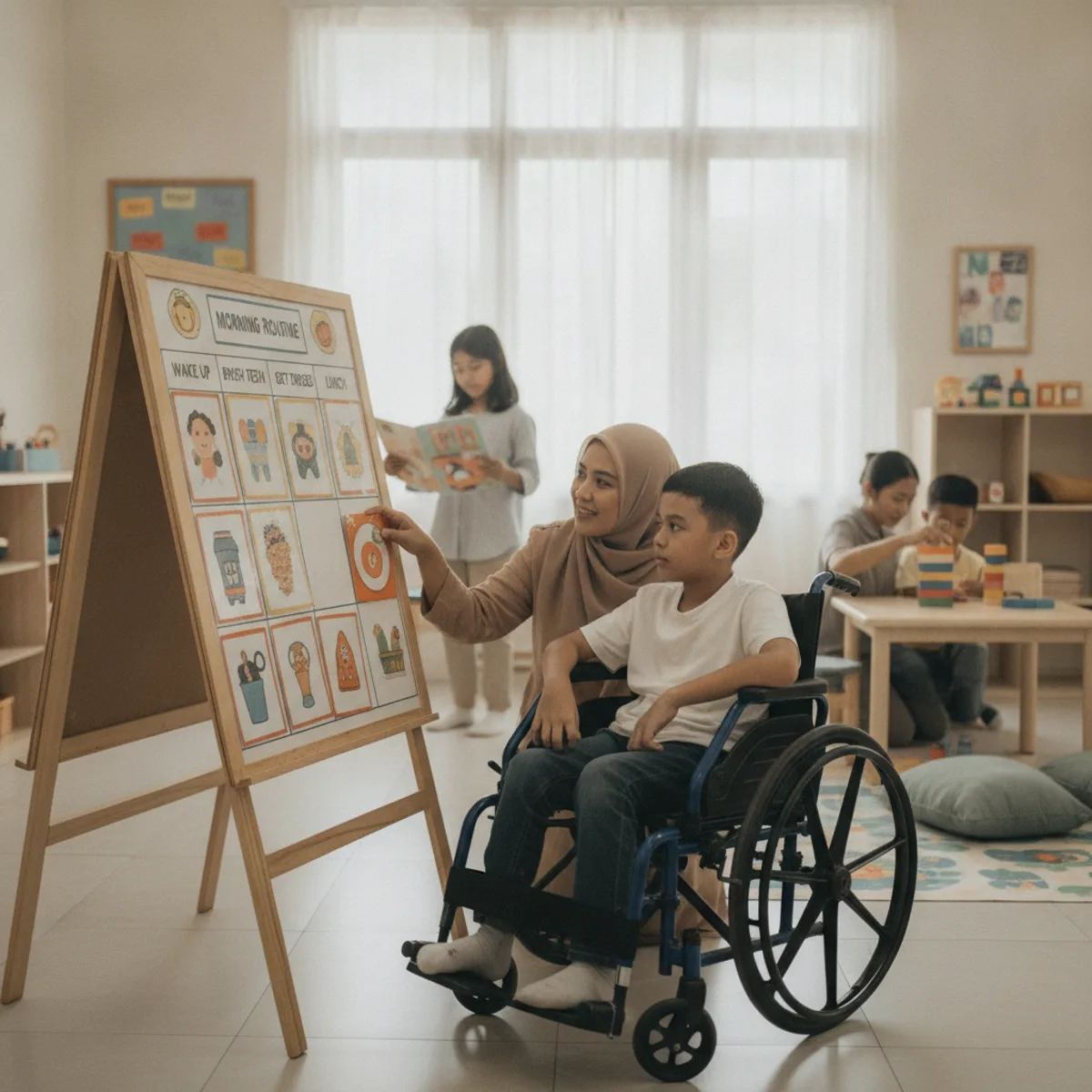 Guru membantu anak autis menggunakan jadwal visual di kelas inklusi