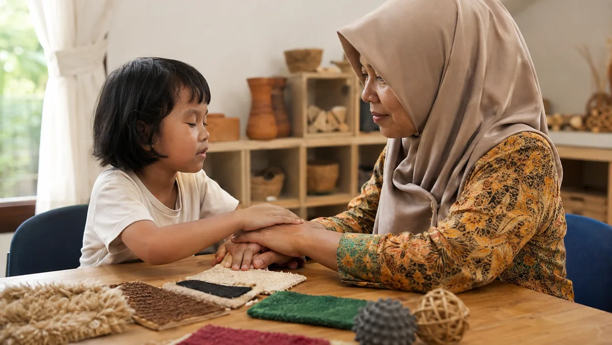 Guru berkomunikasi dengan anak tuna netra rungu melalui sentuhan tangan di atas tangan pendamping
